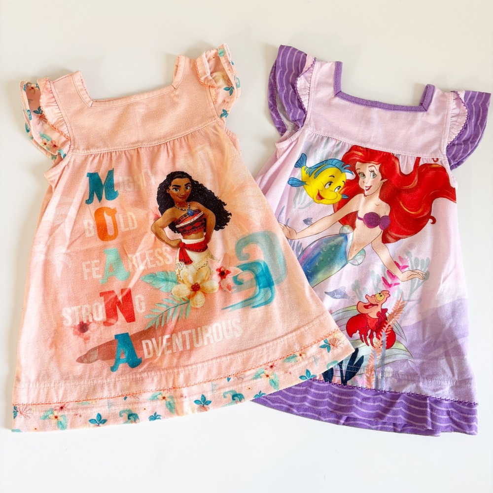 Disney Girls Moana Ariel Little Mermaid Flutter Sleeve Graphic Nightgowns Size 2